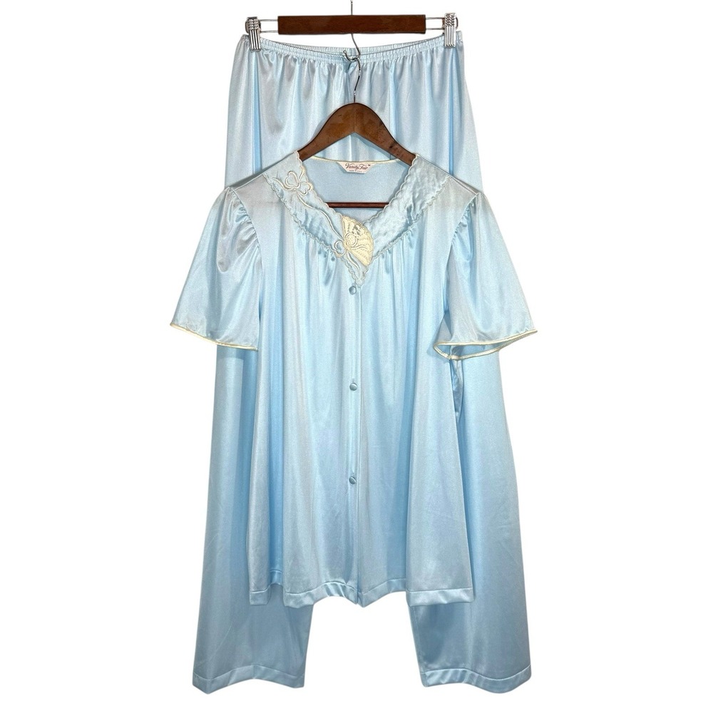 Vintage Vanity Fair Blue Nylon Satin Pajama Set Medium Top & Pants Embroidered